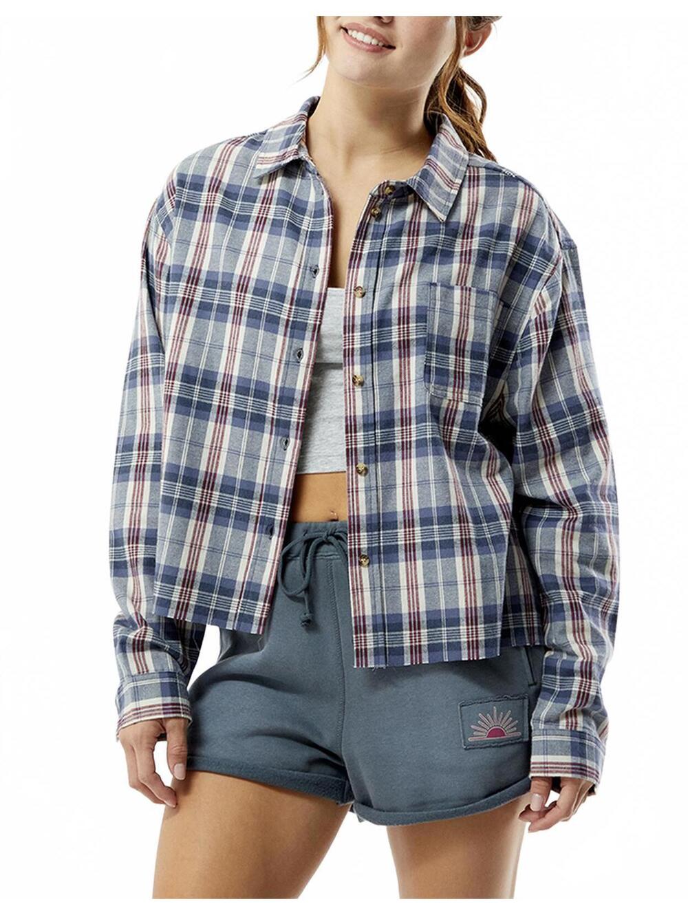 Pacsun Outer Banks Treasure Distressed Cropped Flannel Shirt Blue Red Sz Medium